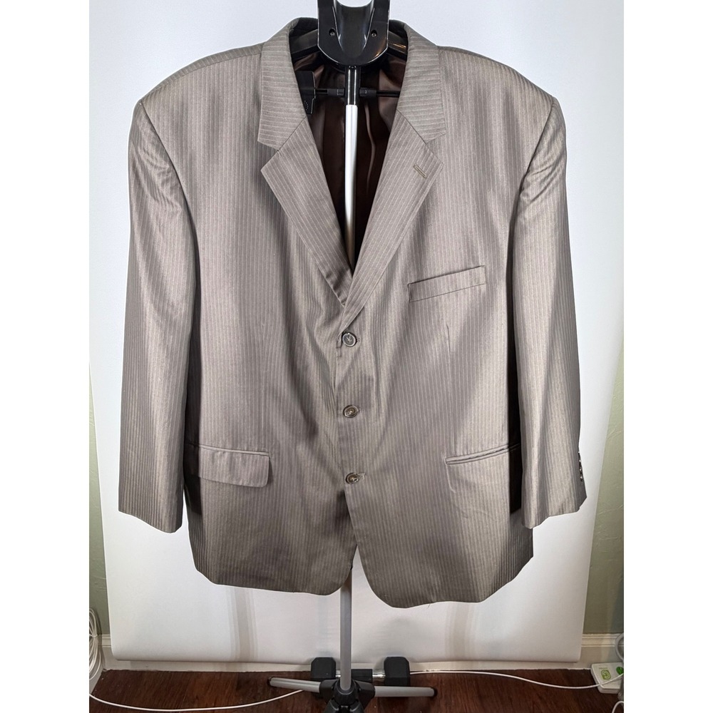 Geoffrey Beene Mens Pinstripe Blazer‎ Taupe Brown 3 Button Sport Coat Jacket 52R